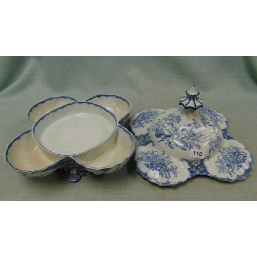 110 - Antique lidded hors d'oeuvres dish, having lift off lid and compart centre with transfer decoration.