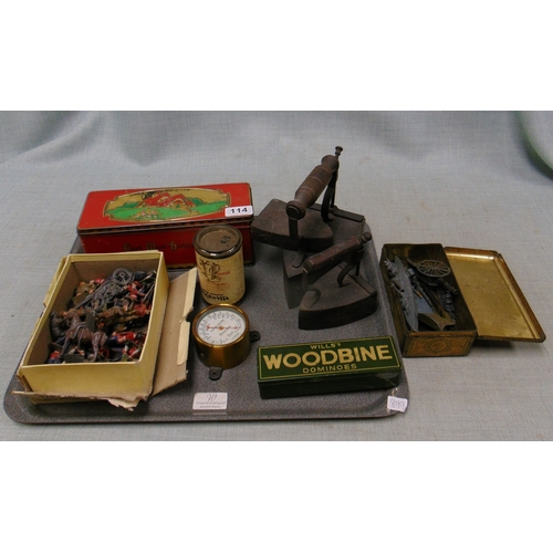 114 - Two flat irons, model ships, etc.