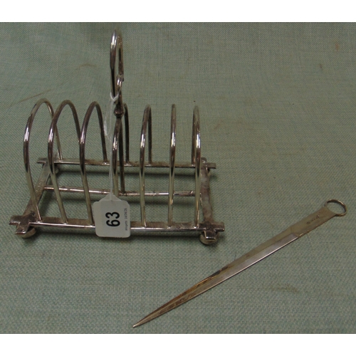 63 - Plated six division toast rack, and a small meat skewer.