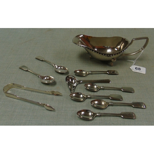 68 - Two silver teaspoons and a pair of  silver sugar tongs - 3 ozt, etc.