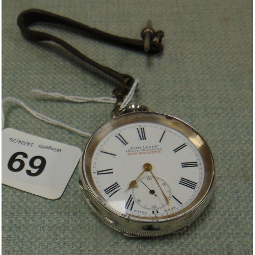 69 - Acme Lever 935 silver cased pocket watch, having enamel face and Roman numerals.