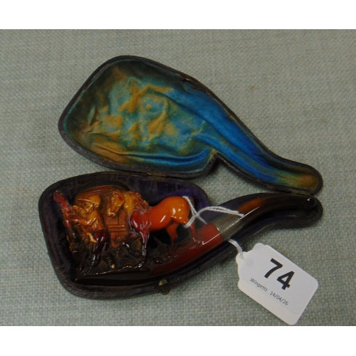 74 - Good cased Meerschaum type pipe, carved in relief with horse and jockey scene 5