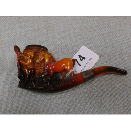 74 - Good cased Meerschaum type pipe, carved in relief with horse and jockey scene 5