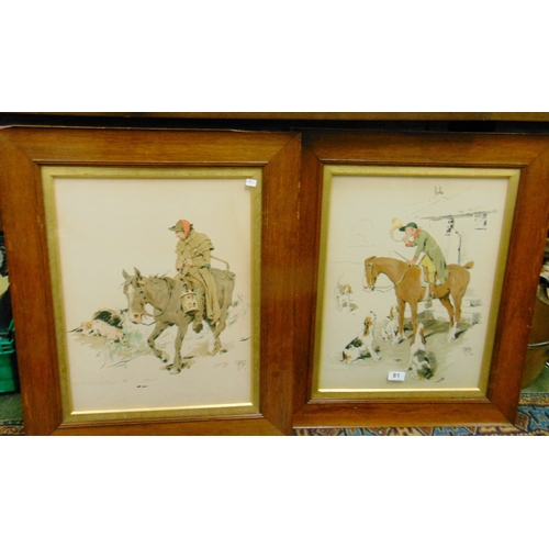 81 - Cecil Aldin, pair of oak framed and glazed hunting prints, and a dog print (3).