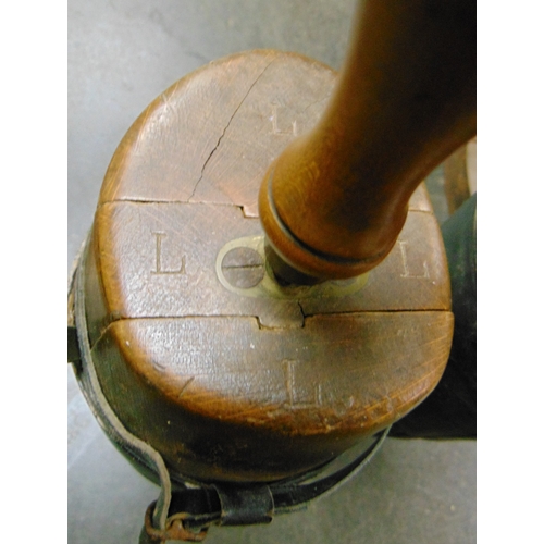 82 - Pair of antique boot trees, boots and a shooting stick.