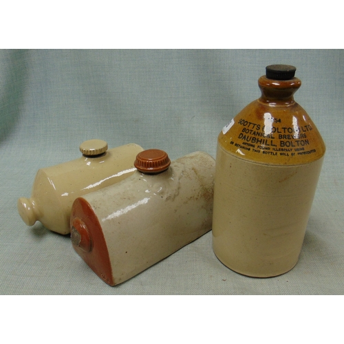 86 - Stoneware Scotts Bolton Botanical brewery flagon and two bed warmers.
