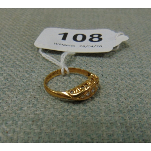 108 - 18ct gold ladies ring, set with five diamonds, size L, 2.4 gms.