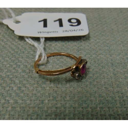 119 - 9ct gold ring, set with pink ruby, size N, 1.4 gms.