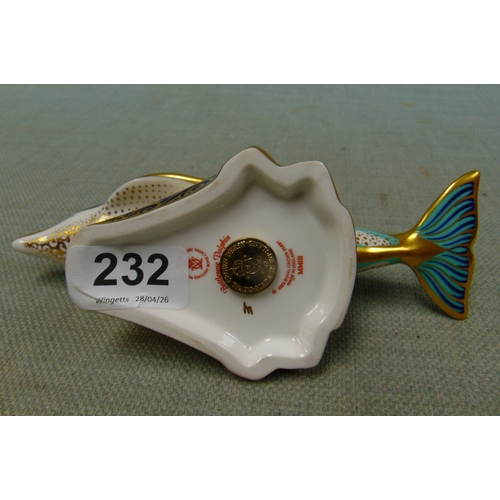 232 - Royal Crown Derby bottlenose dolphin paperweight with gold stopper.