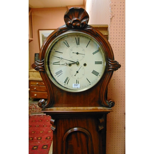 397 - Antique Scottish mahogany 8 day longcase clock, circular enamel dial with Roman numerals, 80.5