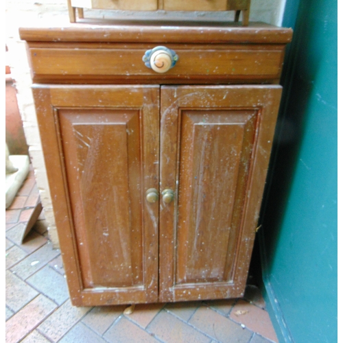 426 - Pine side cabinet, having single long drawer with pottery handle and pair of doors, 36 x 23 x 12