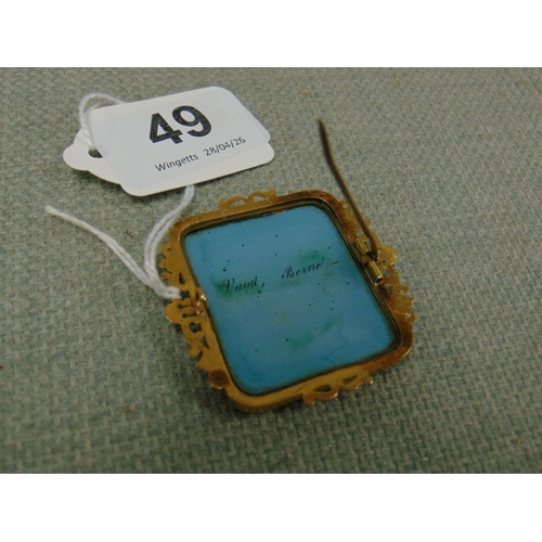 49 - Antique porcelain brooch, decorated with classical continental ladies, within an ornate gilt metal f... 