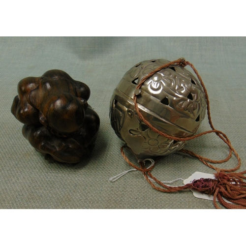 121 - Carved zebra wood figure of a monkey and a plated potpourri.
