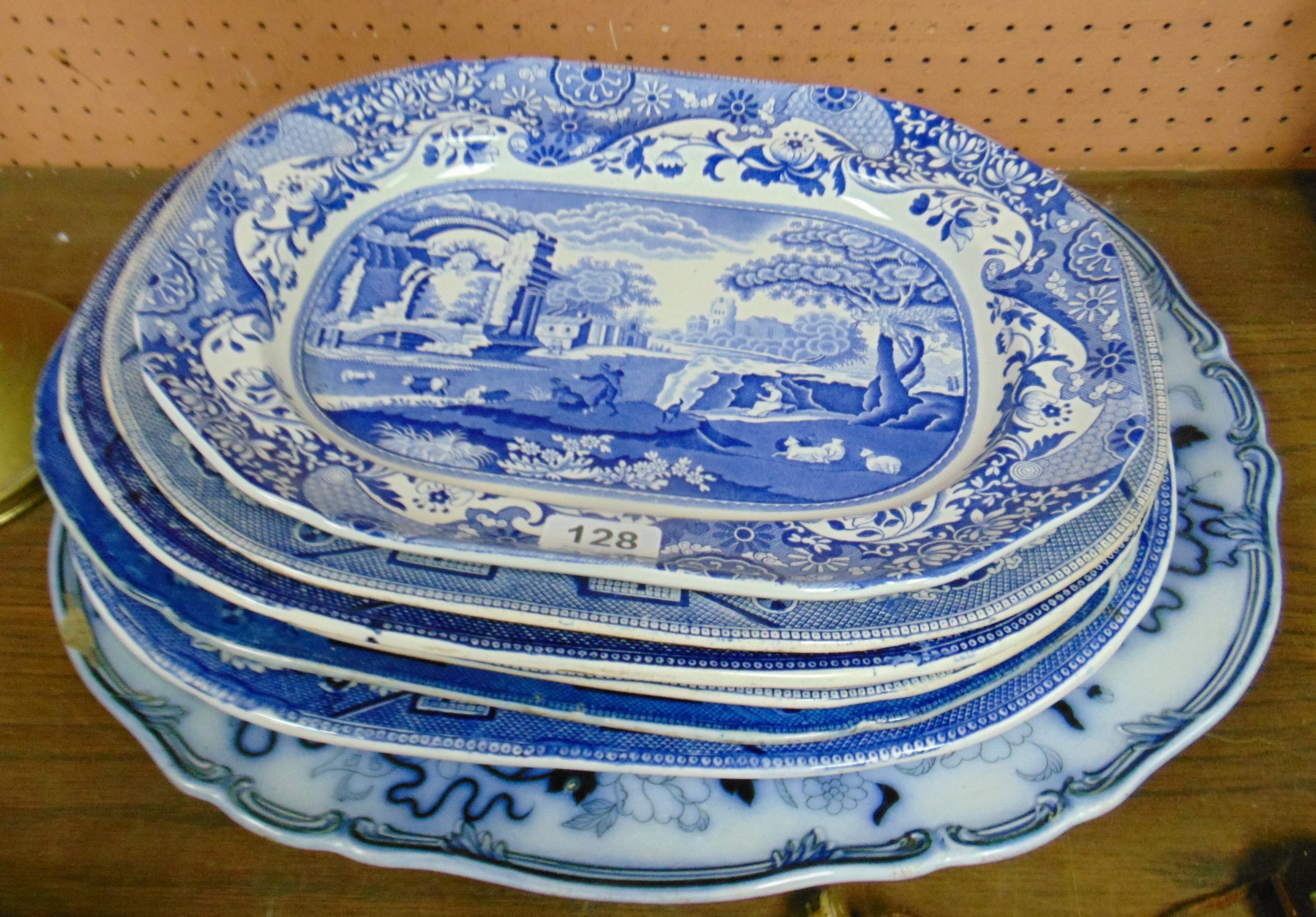 Antique willow pattern meat plates, transfer example,