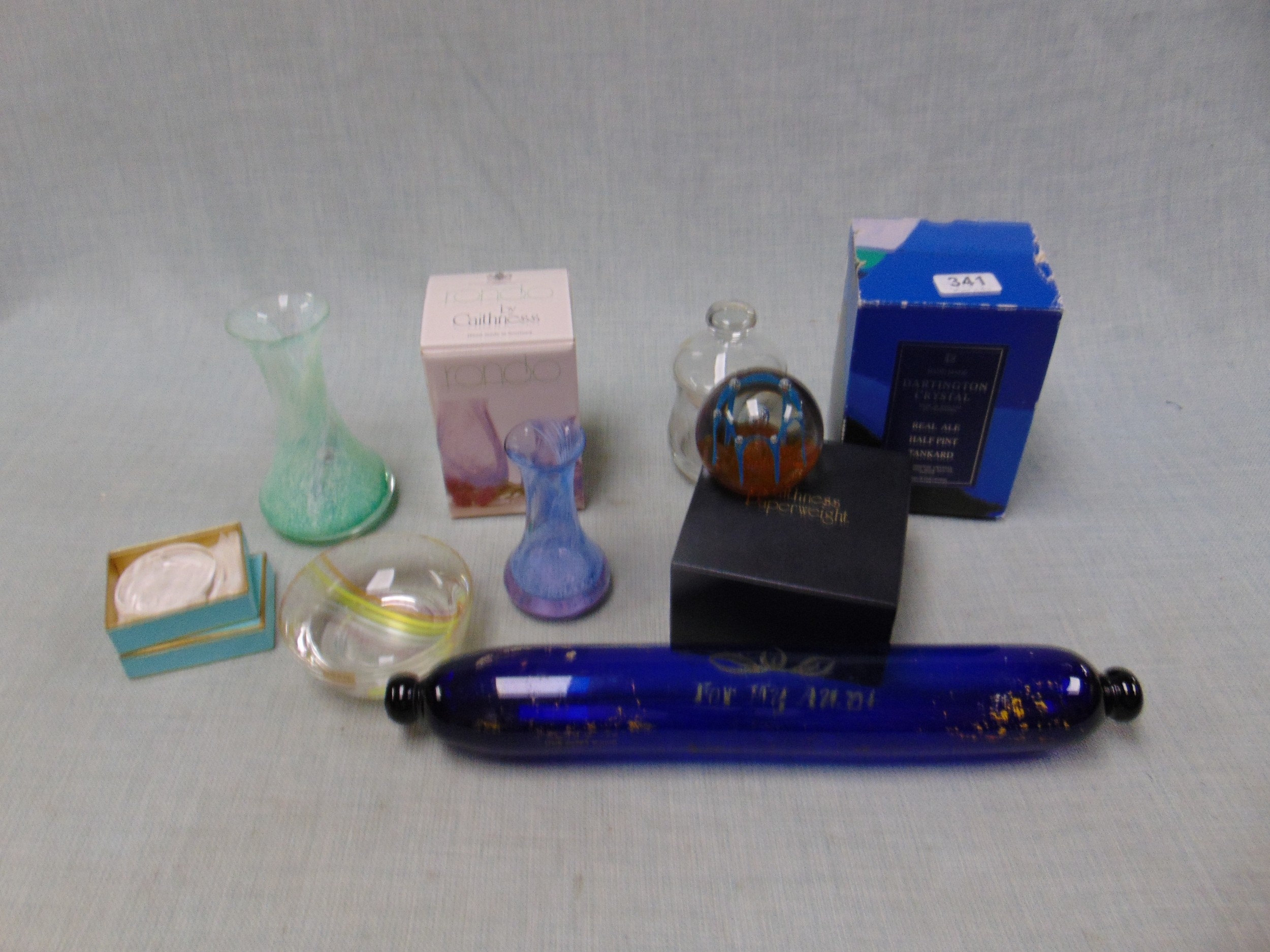 Antique blue glass rolling pin, boxed glassware, etc.