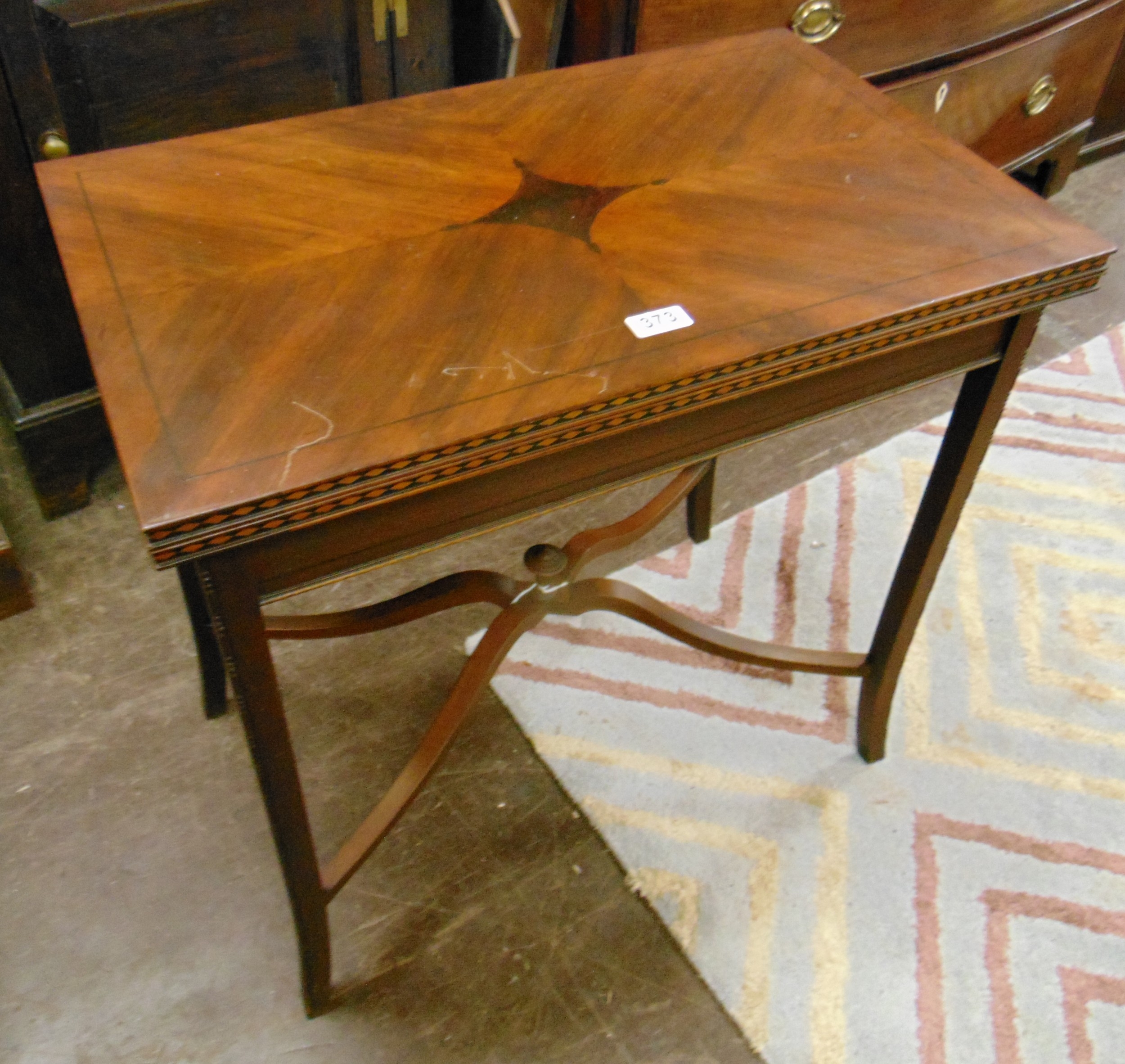 Inlaid mahogany Meredew card table, baize lined interior, on splayed ...