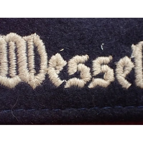 15 - WW2 Luftwaffe Geschwader Horst Wessel cuff title

Dark blue woollen cuff with white gothic script st... 