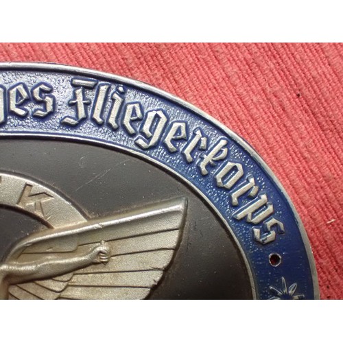 37 - 3rd Reich German 1938 N.S.F.K. plaque

Die-stamped aluminium plaque, 95 mm across. With black and bl... 