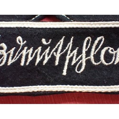 49 - WW2 German army Grossdeutschland cuff title

Stitched white script on a black woollen band. White bo... 