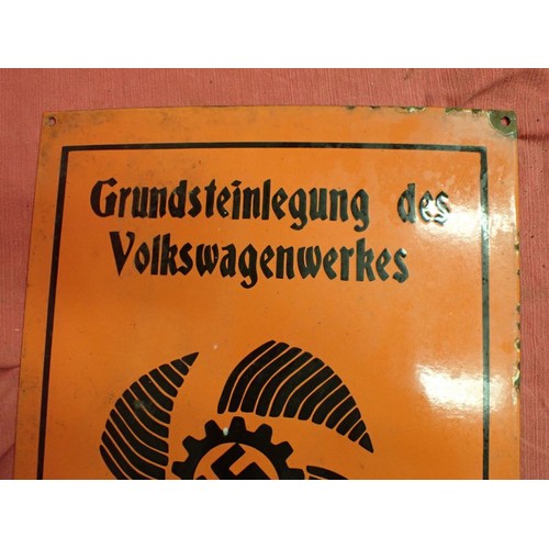 54 - 1938 dated KDF Volkswagen advertisement sign

Orange and black enamel on steel sign promoting the ne... 