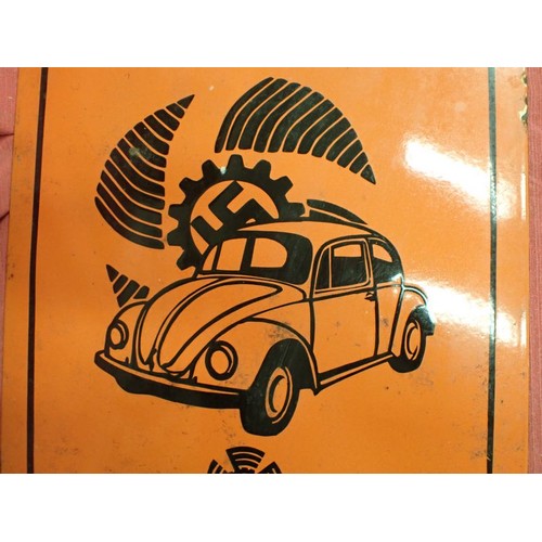 54 - 1938 dated KDF Volkswagen advertisement sign

Orange and black enamel on steel sign promoting the ne... 