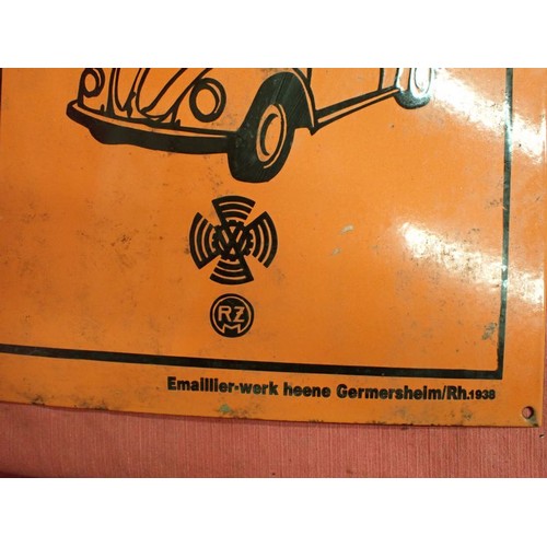 54 - 1938 dated KDF Volkswagen advertisement sign

Orange and black enamel on steel sign promoting the ne... 