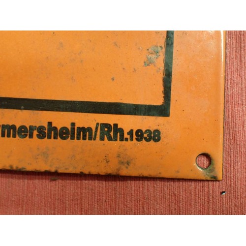 54 - 1938 dated KDF Volkswagen advertisement sign

Orange and black enamel on steel sign promoting the ne... 
