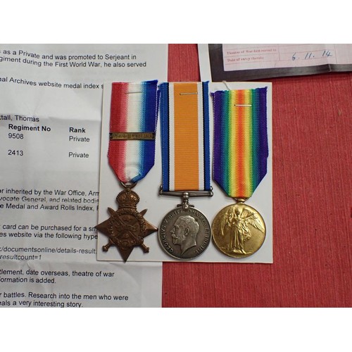 321 - WW1 1914 Star with bar medal trio, East Lancashire Regt.

Old Contemptible trio to 9508 PTE. T. NUTT... 