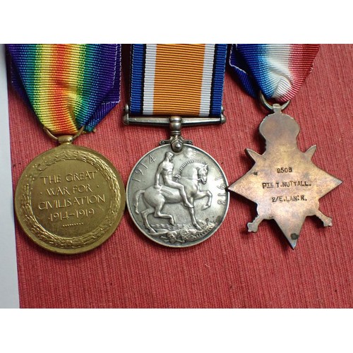 321 - WW1 1914 Star with bar medal trio, East Lancashire Regt.

Old Contemptible trio to 9508 PTE. T. NUTT... 