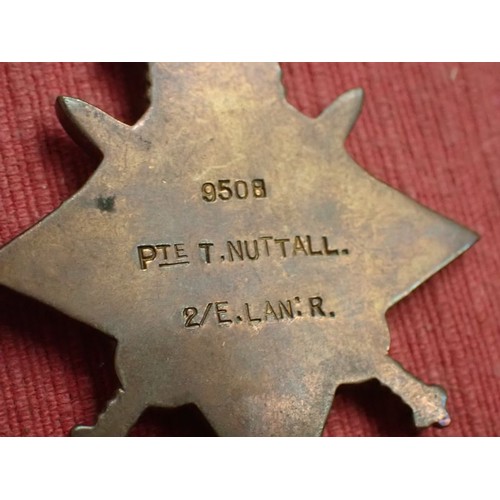 321 - WW1 1914 Star with bar medal trio, East Lancashire Regt.

Old Contemptible trio to 9508 PTE. T. NUTT... 