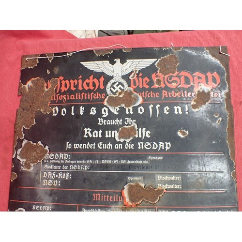 44 - WW2 German, large enamel NSDAP sign

WW2 German N.S.D.A.P Enamel Public Announcement Sign. Ground fi... 