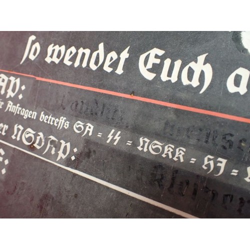 44 - WW2 German, large enamel NSDAP sign

WW2 German N.S.D.A.P Enamel Public Announcement Sign. Ground fi... 