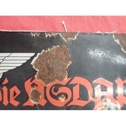 44 - WW2 German, large enamel NSDAP sign

WW2 German N.S.D.A.P Enamel Public Announcement Sign. Ground fi... 