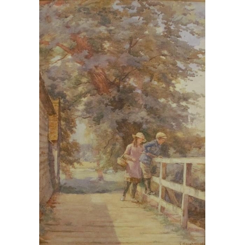 125 - Charles Haigh-Wood, watercolour, Children fishing from a Bridge, 19.5ins x 13.5ins