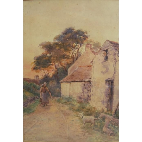 126 - Henry John Yeend King, watercolour, woman and goats at Old Farm, Royston 1896, 14ins x 10ins