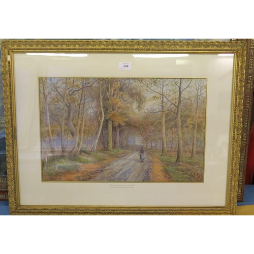 137 - Arthur Edward Strutt, watercolour,  returning from the market, figure walking through woods, 12.5ins... 