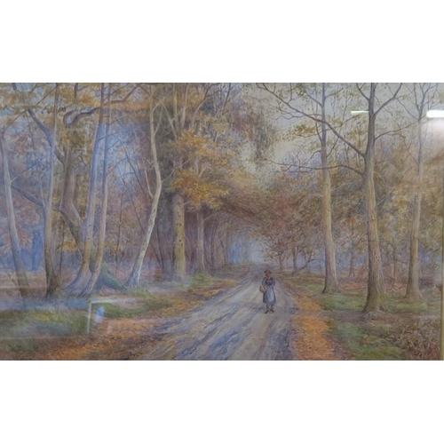 137 - Arthur Edward Strutt, watercolour,  returning from the market, figure walking through woods, 12.5ins... 