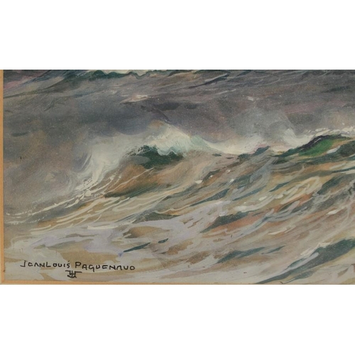 140 - Jean Louis Paguenaud, oil on paper, Naval ships on a choppy sea, 8.75ins x 12ins