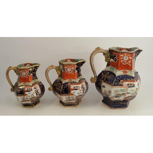 147 - A set of three 19th century Mason Ironstone graduated hydra jugs, of hexagonal baluster form, decora... 