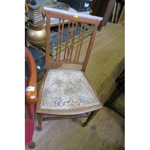 15 - A PAIR OF EDWARDIAN STYLE CHAIRS WITH MOTHER OF PEARL DECORATION, TOGETHER WITH AN EDWARDIAN CHAIR, ... 