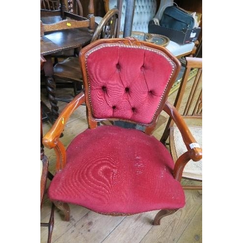 15 - A PAIR OF EDWARDIAN STYLE CHAIRS WITH MOTHER OF PEARL DECORATION, TOGETHER WITH AN EDWARDIAN CHAIR, ... 