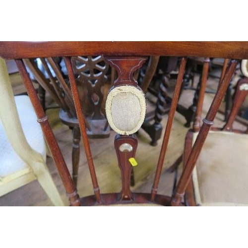 15 - A PAIR OF EDWARDIAN STYLE CHAIRS WITH MOTHER OF PEARL DECORATION, TOGETHER WITH AN EDWARDIAN CHAIR, ... 