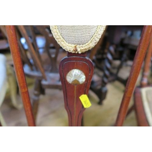 15 - A PAIR OF EDWARDIAN STYLE CHAIRS WITH MOTHER OF PEARL DECORATION, TOGETHER WITH AN EDWARDIAN CHAIR, ... 