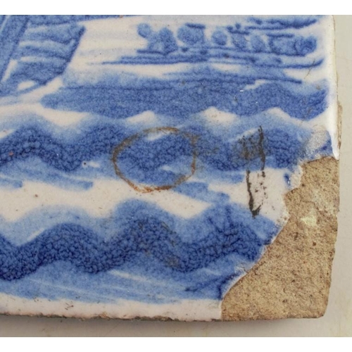 154 - Four various tiles, two decorated with figures, one with a boat, one with a landscape, all approxima... 