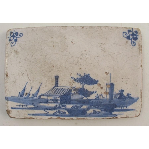 154 - Four various tiles, two decorated with figures, one with a boat, one with a landscape, all approxima... 