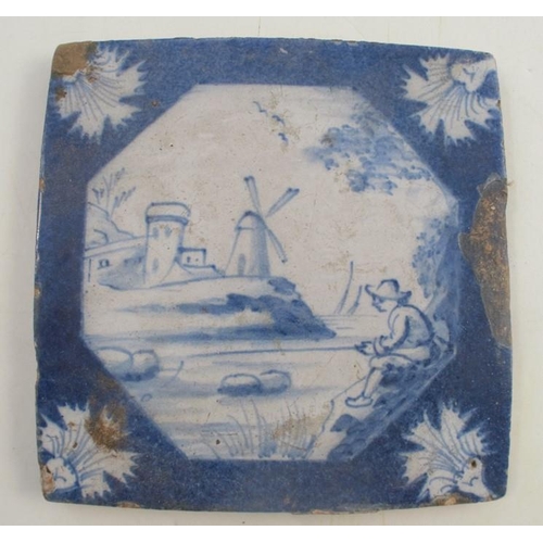 154 - Four various tiles, two decorated with figures, one with a boat, one with a landscape, all approxima... 