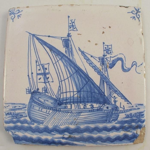 154 - Four various tiles, two decorated with figures, one with a boat, one with a landscape, all approxima... 