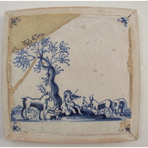 155 - Six various framed tiles, all decorated in blue and white with figures and landscapes, tile size app... 