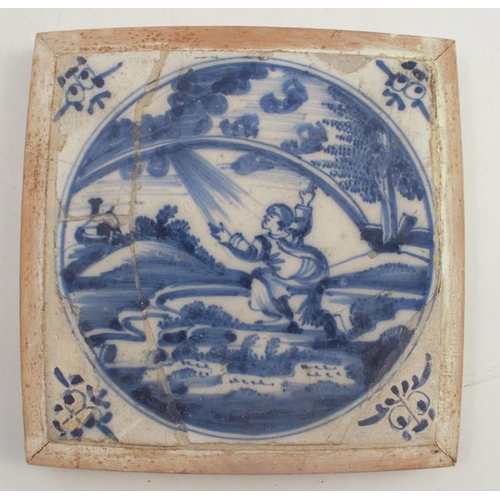 155 - Six various framed tiles, all decorated in blue and white with figures and landscapes, tile size app... 