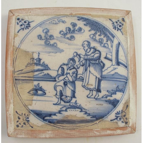 155 - Six various framed tiles, all decorated in blue and white with figures and landscapes, tile size app... 